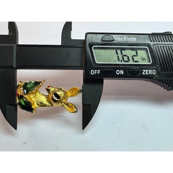 Estate Holiday Reindeer Brooch Green Enamel Red Rhinestone Gold Tone Pin 13.4g - Picture 3 of 5